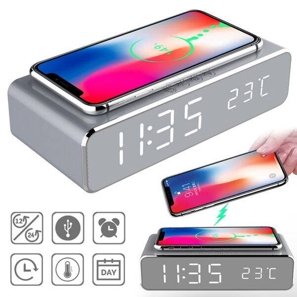 LED Electric Alarm Clock With Wireless Charger Desktop Digital Despertador Thermometer Clock HD Mirror Clock Watch Table Decor - Image 2
