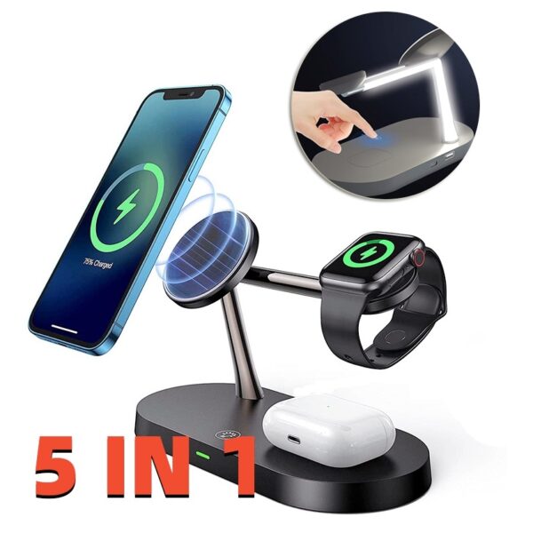 Multifunctional Five-In-One Magnetic Wireless Charging Watch Headset Desktop Mobile Phone Holder Charger 15W Fast Charge - Image 2