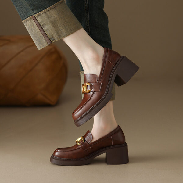 Sheepskin Preppy Style Metal Buckle High Heel Loafers Women - Image 3
