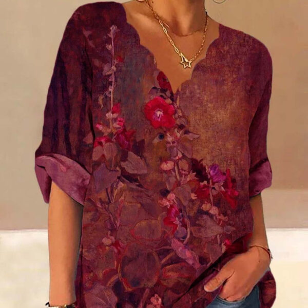 European And American Autumn Fluted Collar Cotton And Linen Retro Printed Shirt Women - Image 3