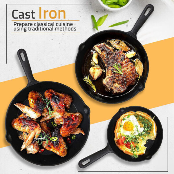 Set Of 3 Cast Iron Non Stick Skillet Griddle Cooking Pan Pre-Seasoned Frying Pan - Image 9