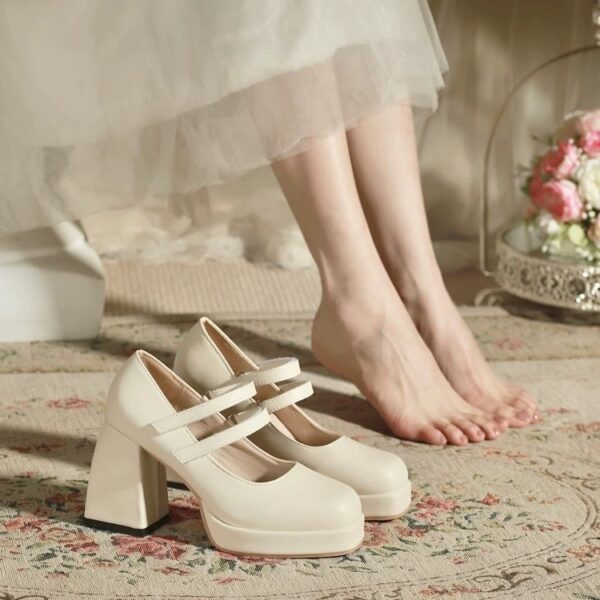 White Mary Jane Chunky Heel Wedding Shoes - Image 2