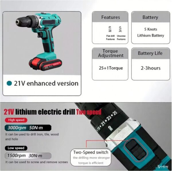 2 Battery Cordless Drill 21V Electric Screwdriver Set Combi Driver High Power UK - Image 3