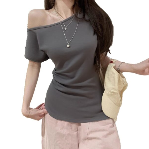 Women's Short-sleeved T-shirt Off-the-shoulder Fitted Waist Top - Image 3