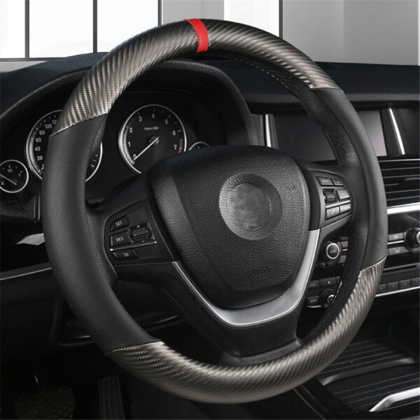 Carbon Fiber Perforated Leather Car Steering Wheel Cover 38cm Universal Interior