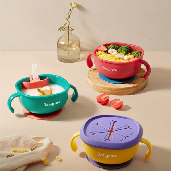Babycare 3 in 1 Baby Feeding Snack Soup Bowl with Straw Infant Learning Dishes Suction Bowl Handle Tableware Petal Snack Bowl - Image 5