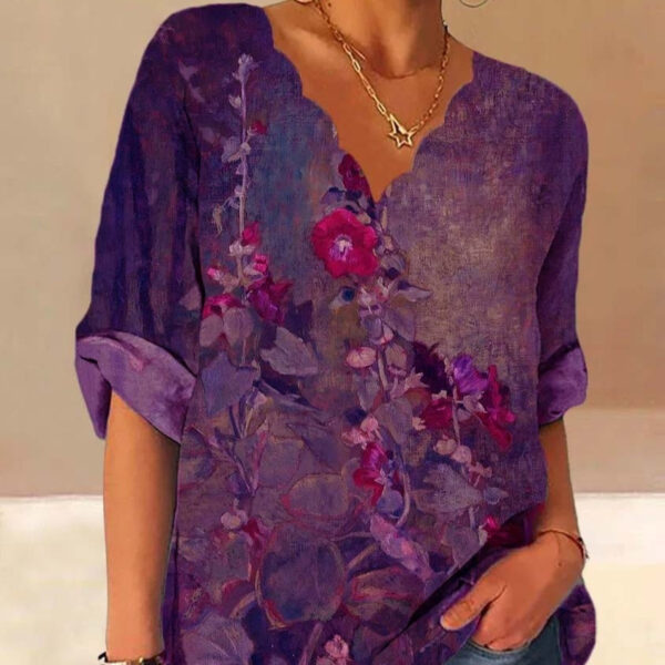 European And American Autumn Fluted Collar Cotton And Linen Retro Printed Shirt Women - Image 7