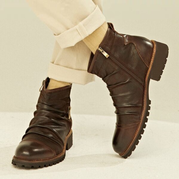 Retro Round Toe PU Leather Side Zipper Martin Chunky Heel Ankle Boots - Image 2