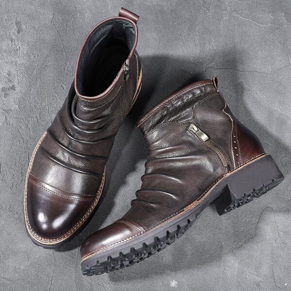 Retro Round Toe PU Leather Side Zipper Martin Chunky Heel Ankle Boots - Image 6