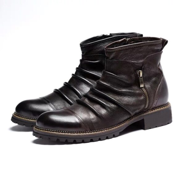 Retro Round Toe PU Leather Side Zipper Martin Chunky Heel Ankle Boots - Image 4