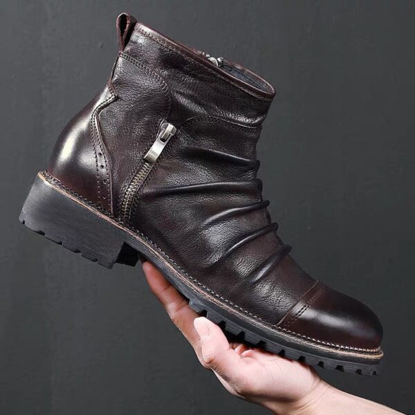 Retro Round Toe PU Leather Side Zipper Martin Chunky Heel Ankle Boots - Image 5