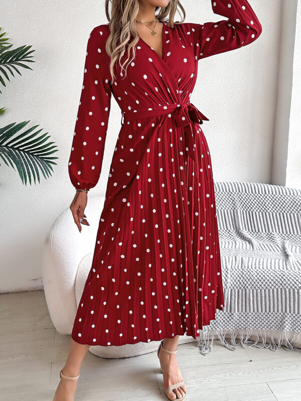 Spring Summer Elegant Long Dress Cross V-Neck Contrast Polka Dot Long Sleeve Pleated Bridesmaid Dresses - Image 8