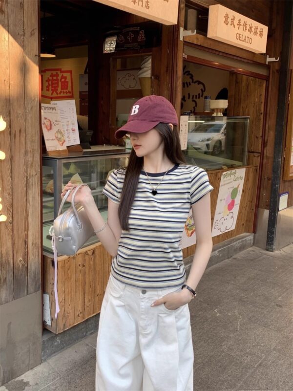 Contrast Color Striped Round Neck Short Sleeve Women's Shoulder Top - Image 3