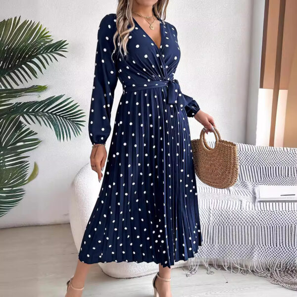 Spring Summer Elegant Long Dress Cross V-Neck Contrast Polka Dot Long Sleeve Pleated Bridesmaid Dresses - Image 2