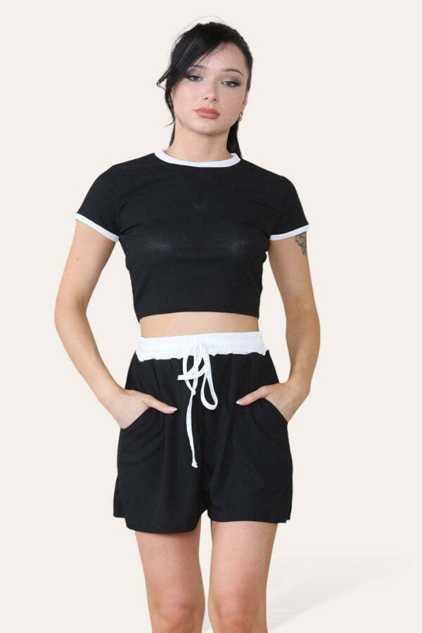 Ribbed Contrast Waistband Top And Short Set - Image 4
