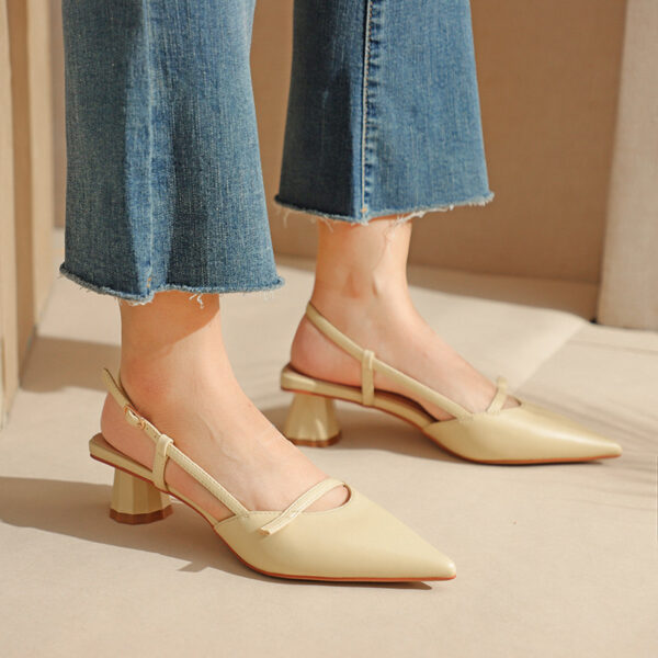 Women's Chunky Heel Low Heel Pointed Leather Stitching Fashion Sandals - Image 3