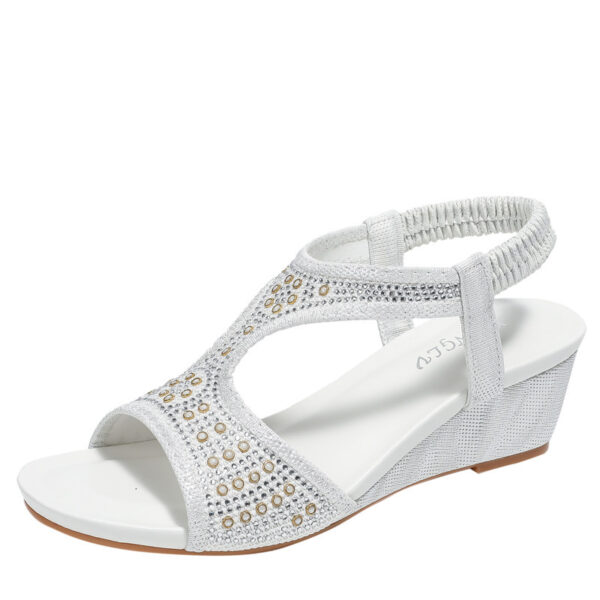Fashionable Women's Sandals New Mid Heel Elastic Rhinestone Wedge Sandals - Image 5