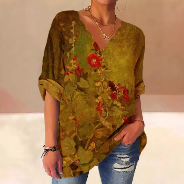 European And American Autumn Fluted Collar Cotton And Linen Retro Printed Shirt Women - Image 9