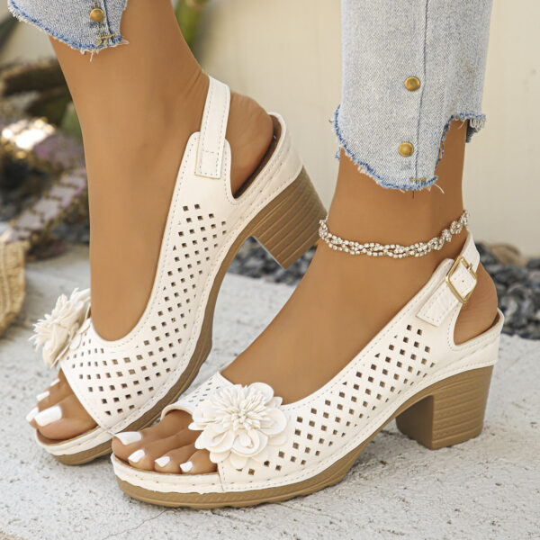 Plus Size Flower Casual Buckle Solid Color High Heel Sandals - Image 4