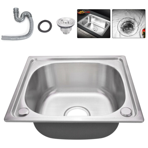 Stainless Steel Single Bowl Square Kitchen Laundry Washing Sink Plumbing Waste - Image 2