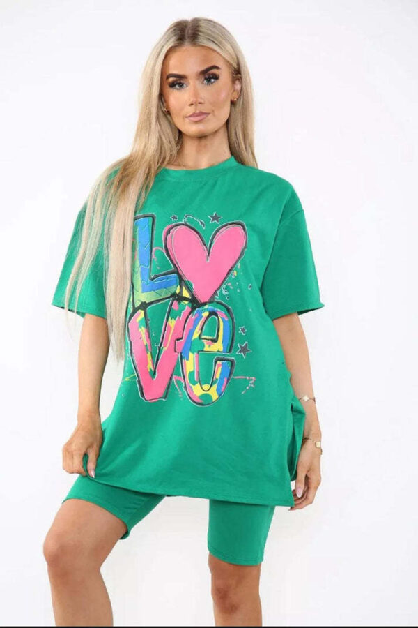 Love Side Slit Cycling Short And T-Shirts Co-Ord Two Piece Set With Front Love Slogan - Image 9