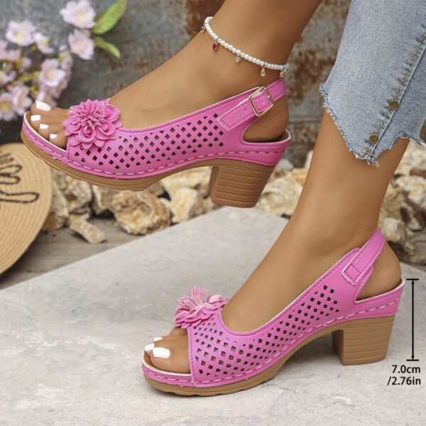 Plus Size Flower Casual Buckle Solid Color High Heel Sandals - Image 10
