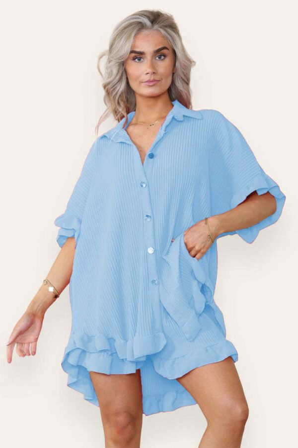 Women Casual Oversized Gold Button Pleated Frilled Ruffle Short Sleeves Shirt Top And Short Co Ord Set - Image 3