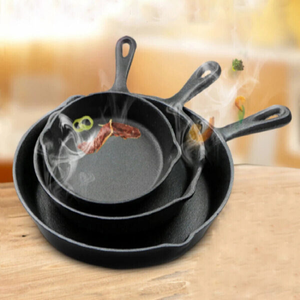 Set Of 3 Cast Iron Non Stick Skillet Griddle Cooking Pan Pre-Seasoned Frying Pan - Image 8