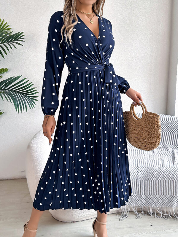 Spring Summer Elegant Long Dress Cross V-Neck Contrast Polka Dot Long Sleeve Pleated Bridesmaid Dresses - Image 6