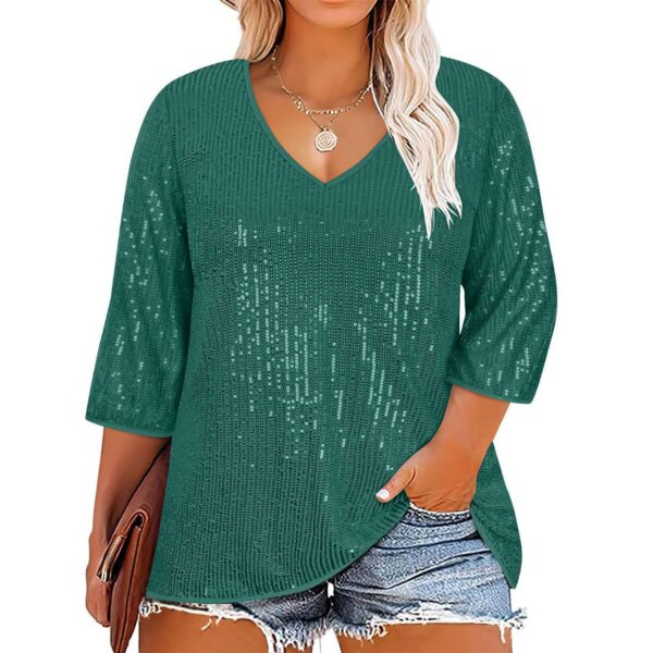 European And American Autumn And Winter Loose Top Retro Sequin Casual V-neck Sequined T-shirt For Women - Image 9