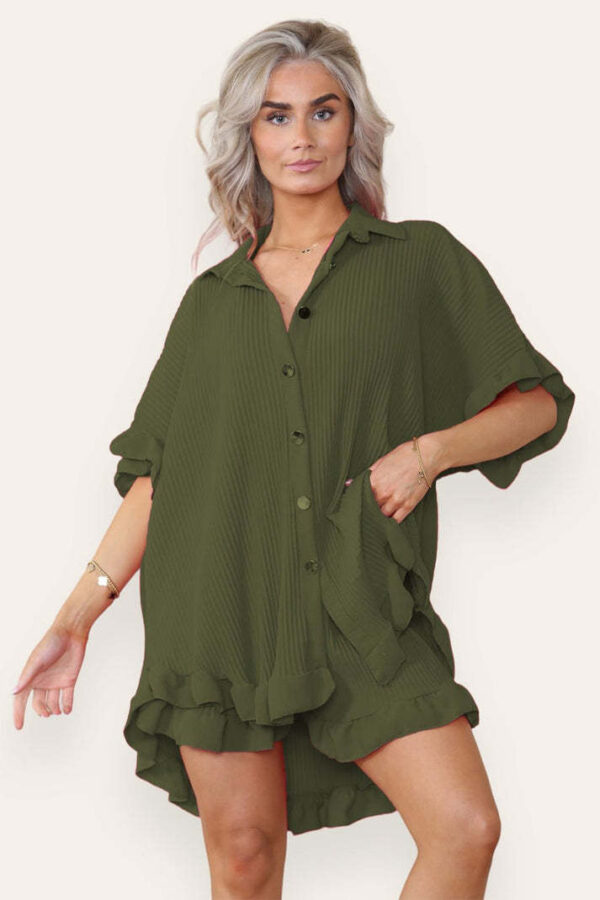 Women Casual Oversized Gold Button Pleated Frilled Ruffle Short Sleeves Shirt Top And Short Co Ord Set - Image 5