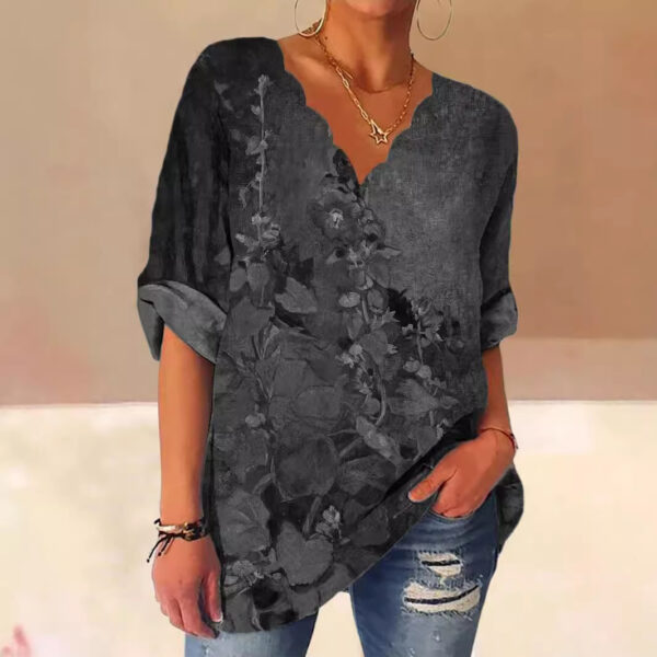 European And American Autumn Fluted Collar Cotton And Linen Retro Printed Shirt Women - Image 5