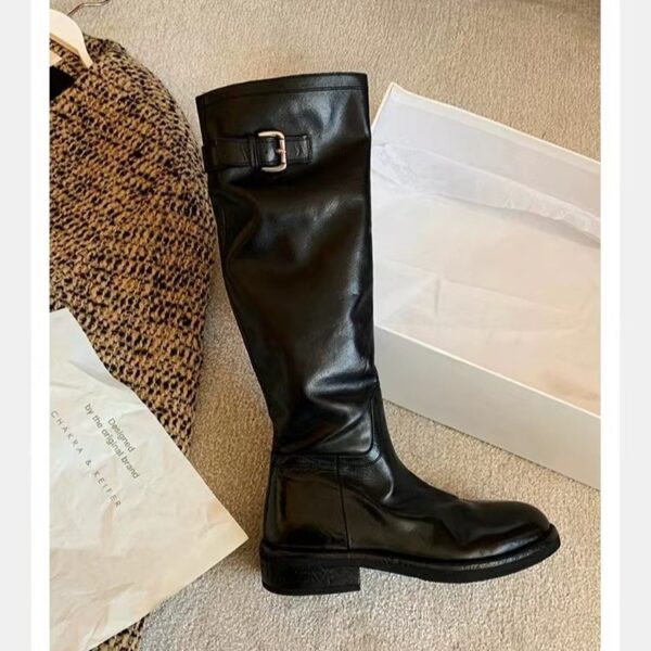 Washed Horse Leather Belt Buckle Thick Bottom Thigh High Boots Women - Image 5