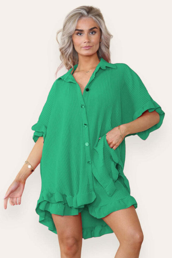 Women Casual Oversized Gold Button Pleated Frilled Ruffle Short Sleeves Shirt Top And Short Co Ord Set - Image 6
