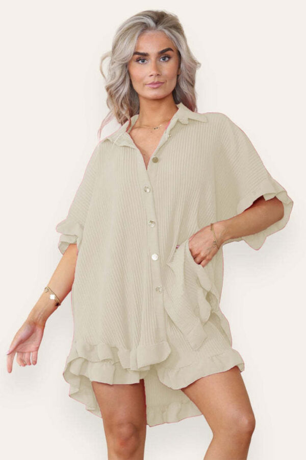 Women Casual Oversized Gold Button Pleated Frilled Ruffle Short Sleeves Shirt Top And Short Co Ord Set - Image 10