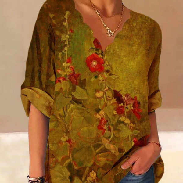 European And American Autumn Fluted Collar Cotton And Linen Retro Printed Shirt Women - Image 4