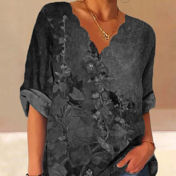 European And American Autumn Fluted Collar Cotton And Linen Retro Printed Shirt Women - Image 8