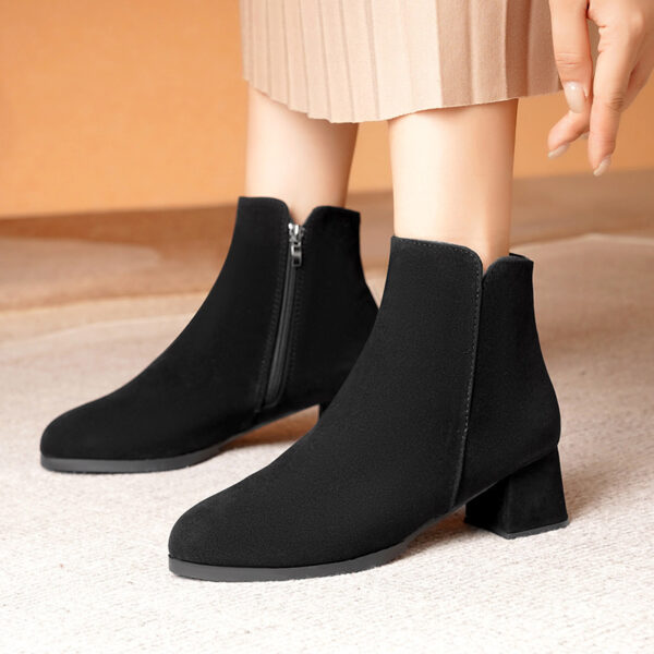 Pointed-toe Frosted Suede Side Zipper Chunky Heel Mid Heel Plus Size Female Boots - Image 8