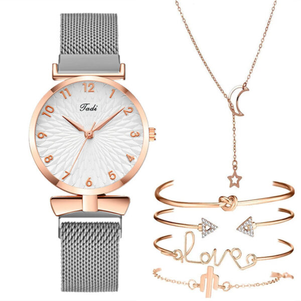 Casual Gift Set Women Disc Mesh Belt Quartz Watch Bracelet Bangle Set 6pcsset - Image 6