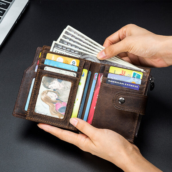 First Layer Cowhide RFID Anti-theft Swiping Leather  European And American Retro Men's Short Vertical Wallet - Image 2