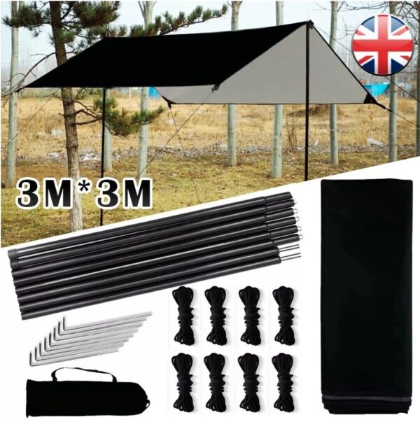 3x3 M Tarpaulin Waterproof Camping Tarp Shelter Tent Awning With Poles Kit UK - Image 5