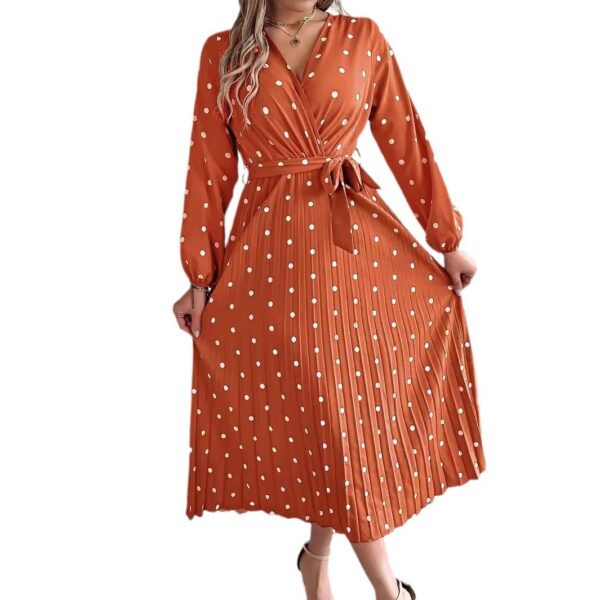 Spring Summer Elegant Long Dress Cross V-Neck Contrast Polka Dot Long Sleeve Pleated Bridesmaid Dresses - Image 7