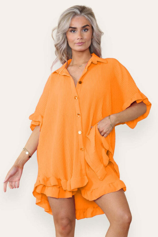 Women Casual Oversized Gold Button Pleated Frilled Ruffle Short Sleeves Shirt Top And Short Co Ord Set - Image 2