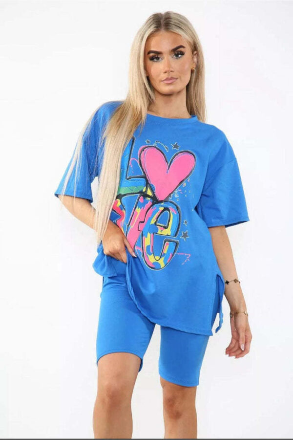 Love Side Slit Cycling Short And T-Shirts Co-Ord Two Piece Set With Front Love Slogan - Image 2