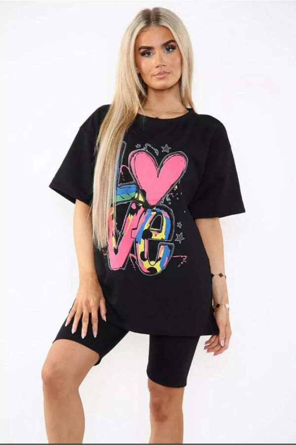 Love Side Slit Cycling Short And T-Shirts Co-Ord Two Piece Set With Front Love Slogan - Image 4