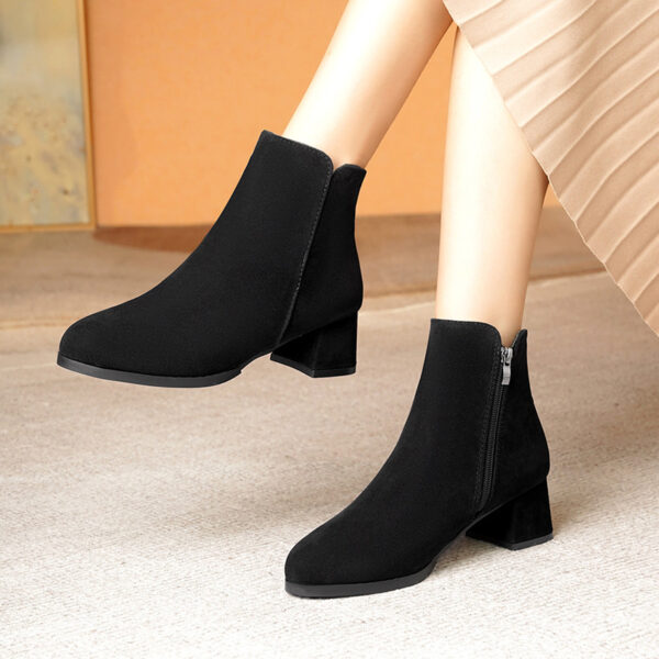 Pointed-toe Frosted Suede Side Zipper Chunky Heel Mid Heel Plus Size Female Boots - Image 5