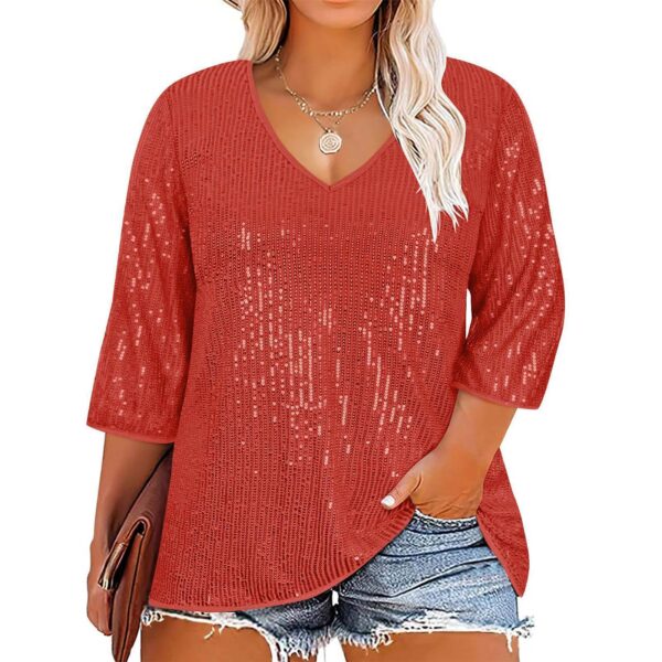 European And American Autumn And Winter Loose Top Retro Sequin Casual V-neck Sequined T-shirt For Women - Image 7