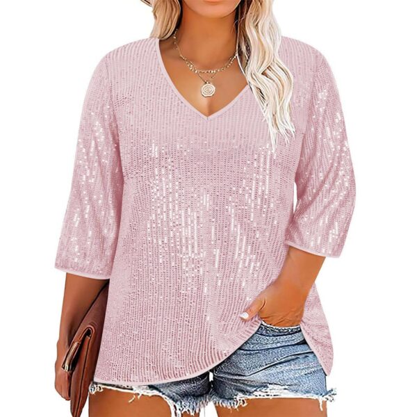 European And American Autumn And Winter Loose Top Retro Sequin Casual V-neck Sequined T-shirt For Women - Image 6