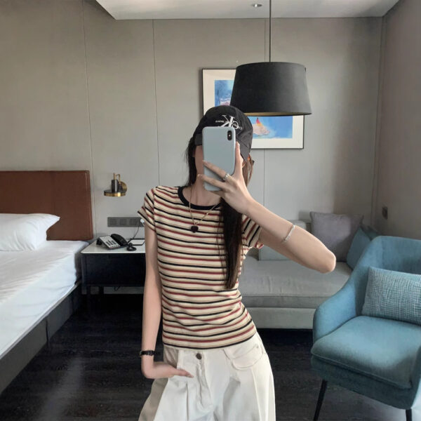 Contrast Color Striped Round Neck Short Sleeve Women's Shoulder Top - Image 2