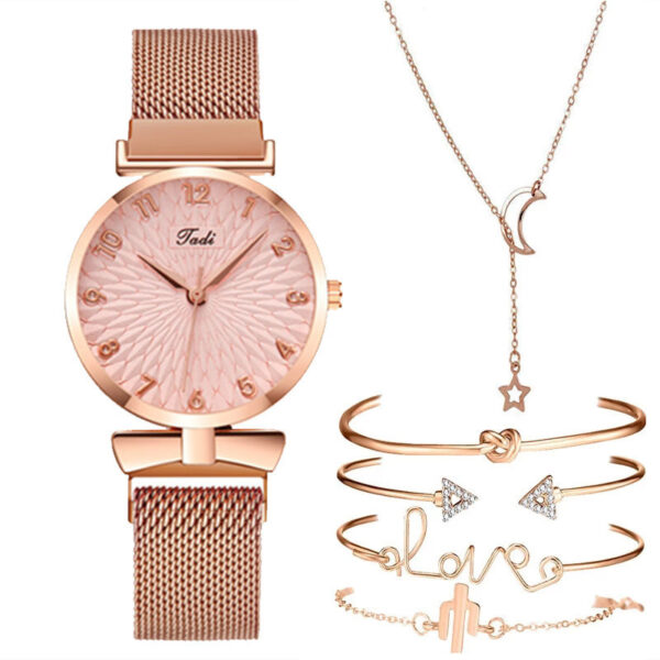 Casual Gift Set Women Disc Mesh Belt Quartz Watch Bracelet Bangle Set 6pcsset - Image 5